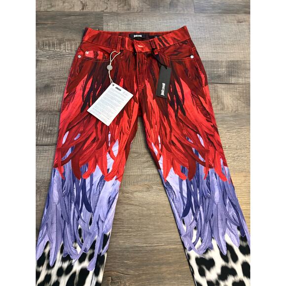 NWT Just Cavalli Feather Leopard Print Skinny Jeans Red Purple Y2K Size S 25.5 - Picture 6 of 13